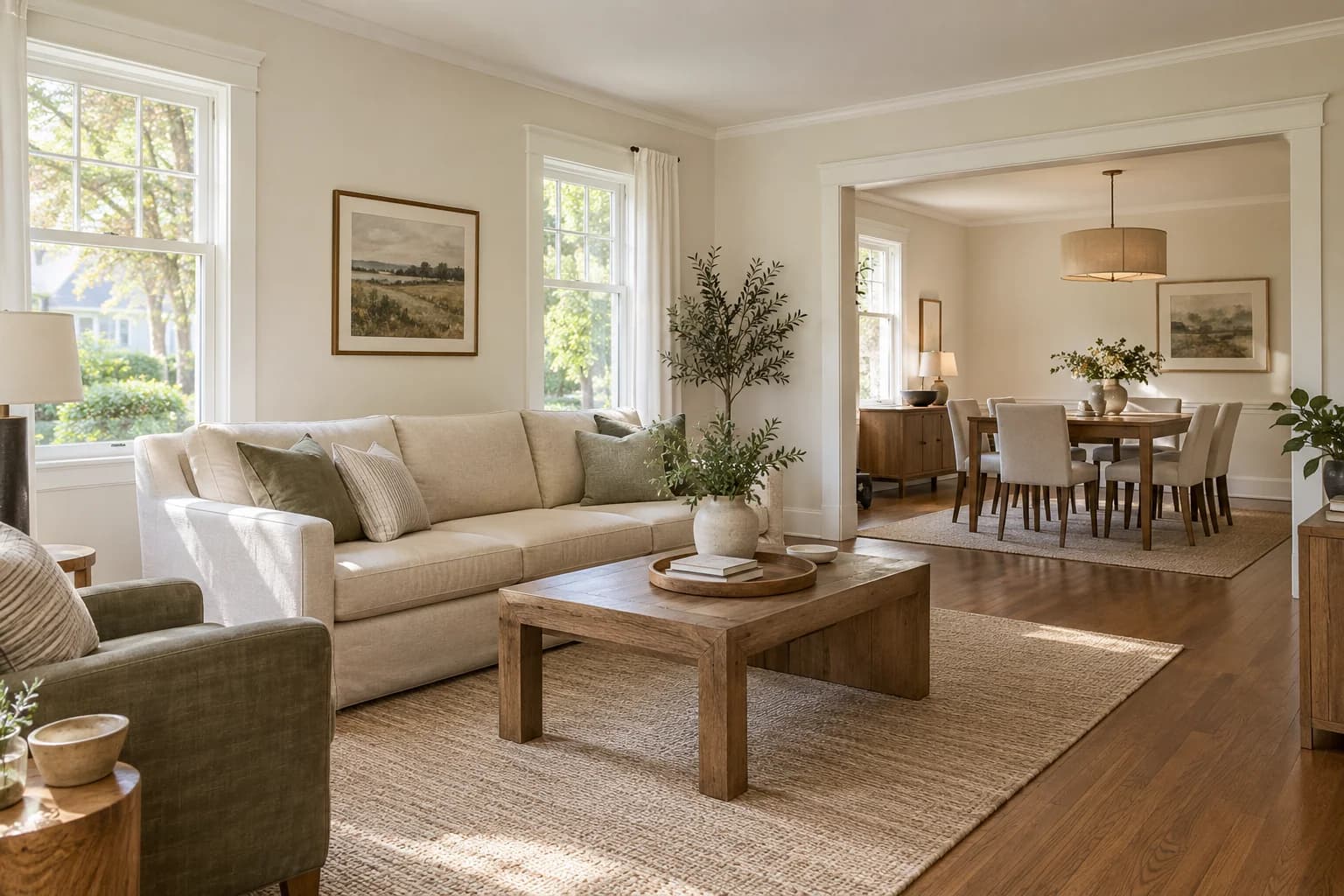 Staged living and dining rooms with warm white walls, cream furnishings, and wood floors