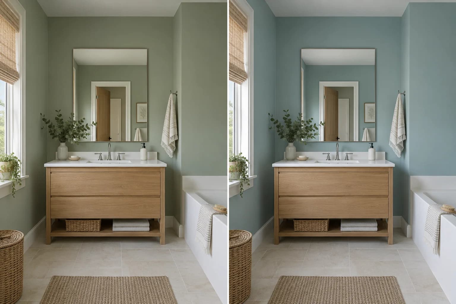 La même salle de bains avec des murs vert sauge à gauche et bleu-vert plus froid à droite