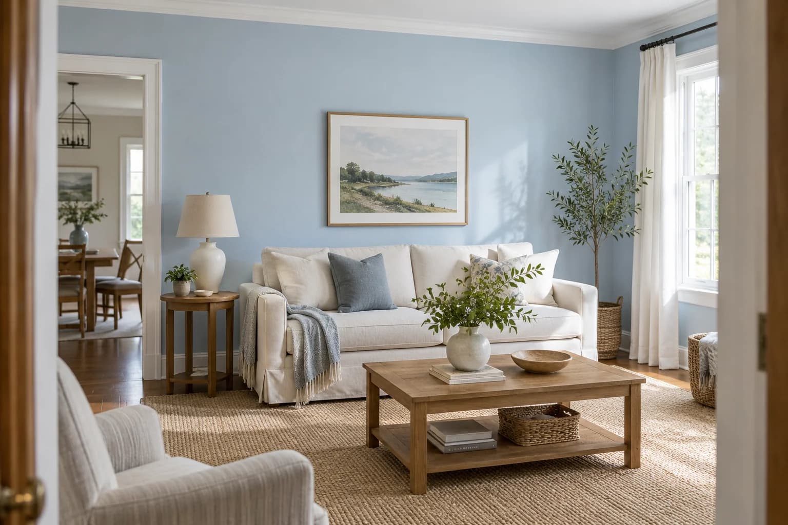 Salon bleu pâle avec canapé crème et meubles en chêne, vu depuis une porte
