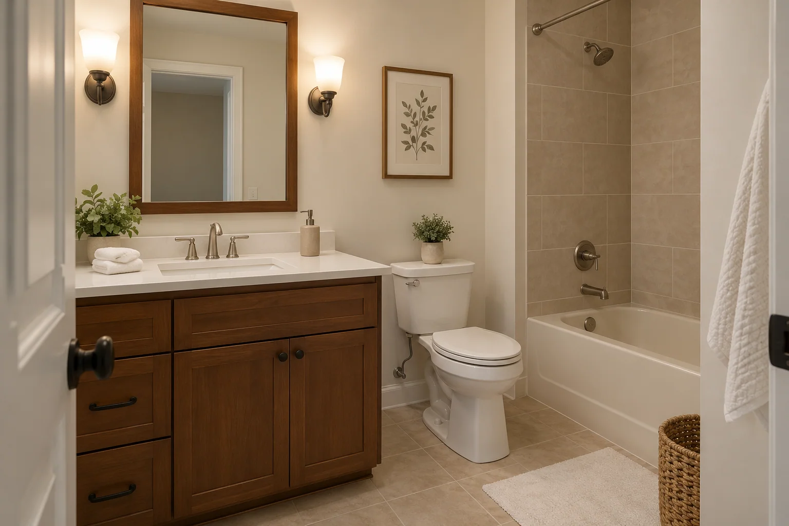 Salle de bains sans fenêtre avec murs blanc doux, carrelage beige et meuble vasque en bois éclairé par des appliques