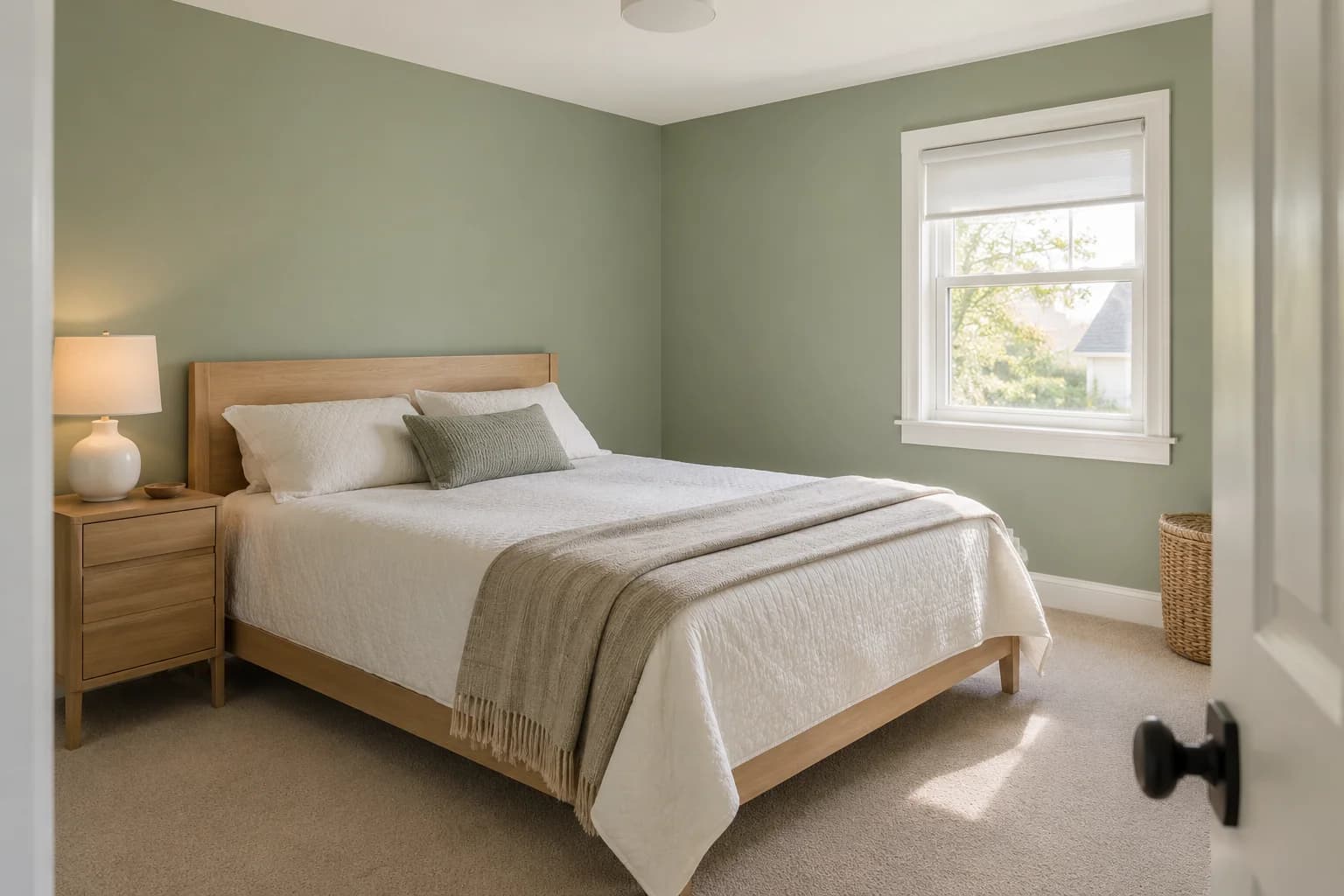 Chambre aux murs sauge doux avec lit en chêne clair, linge de lit ivoire et moquette beige