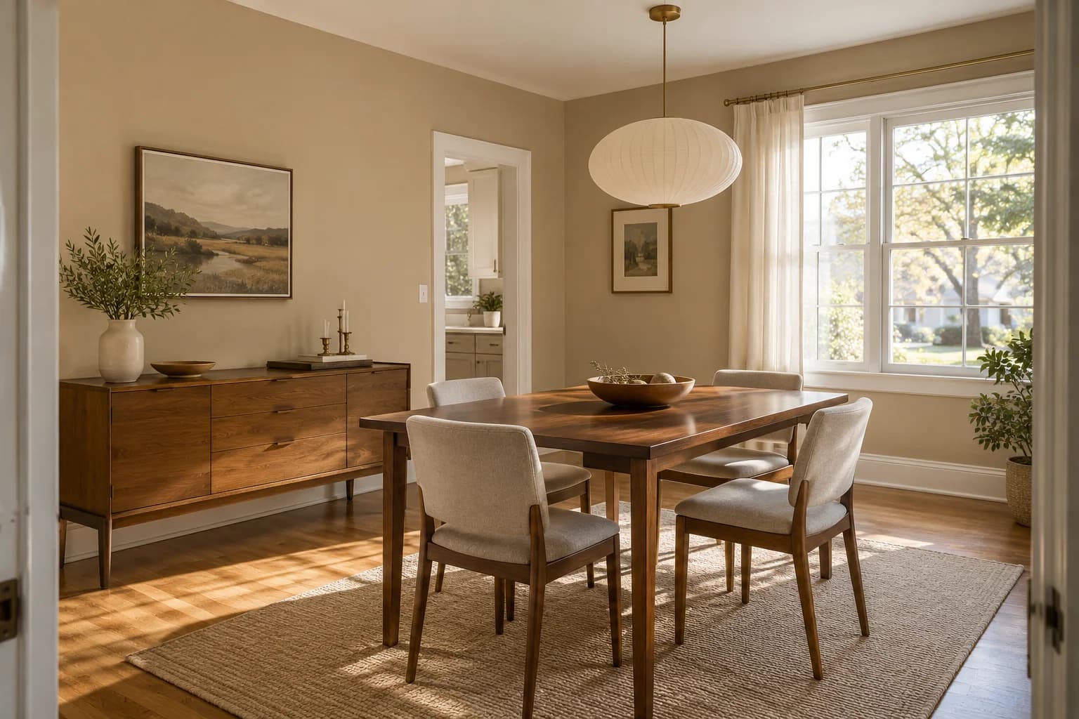 Salle à manger beige chaud avec moulures blanches, meubles en noyer et lumière naturelle