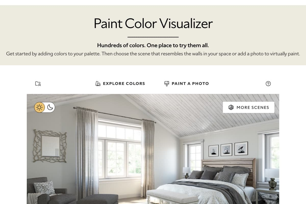 Sherwin-Williams Paint Color Visualizer web tool with a sample bedroom scene and Paint A Photo option