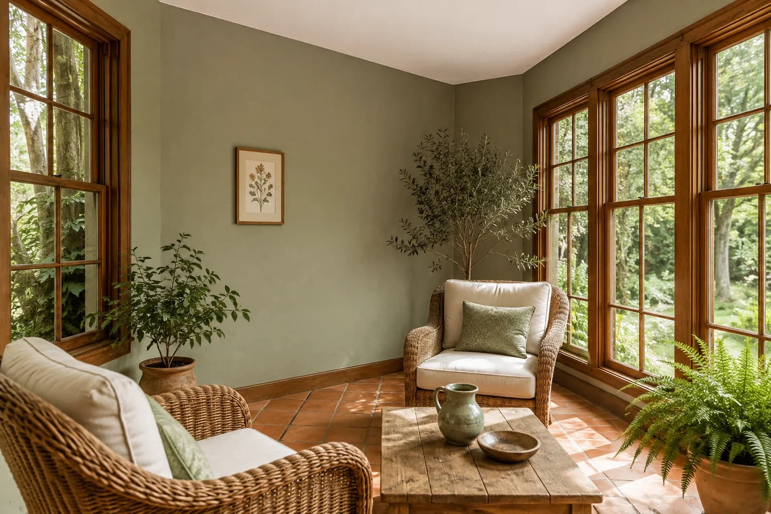 Sage green sunroom walls beside orange terracotta tiles, stained wood windows, and wicker seating