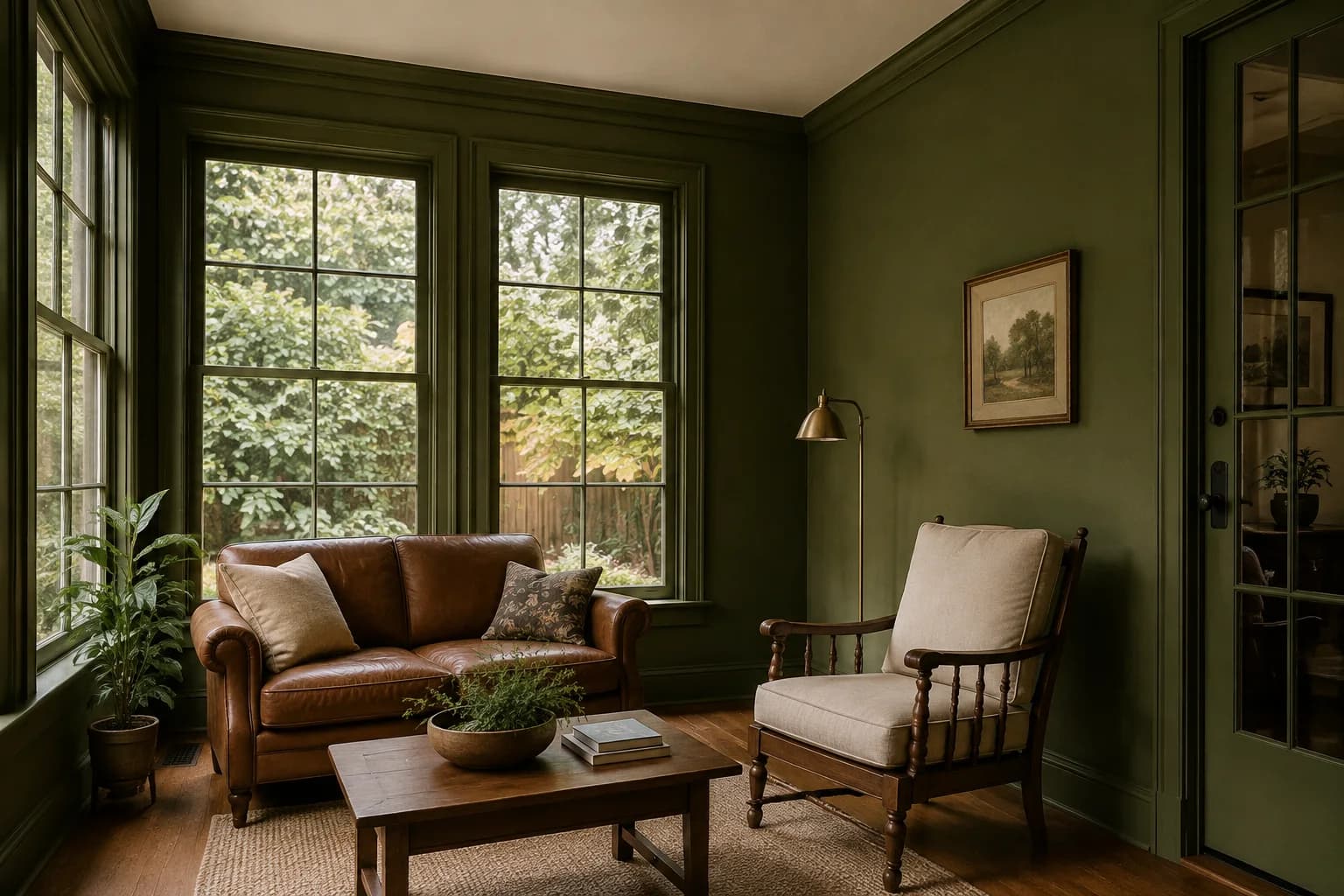 Deep mossy green sunroom with matching window trim, vintage wood furniture, and a warm-white ceiling