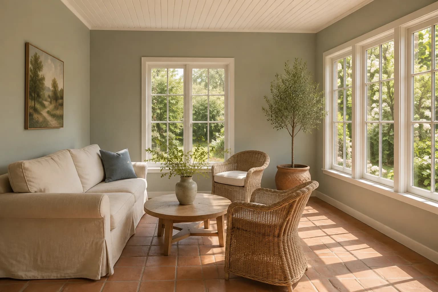 Sunlit sage green sunroom with white window trim, linen and wicker seating, and terracotta floor tiles