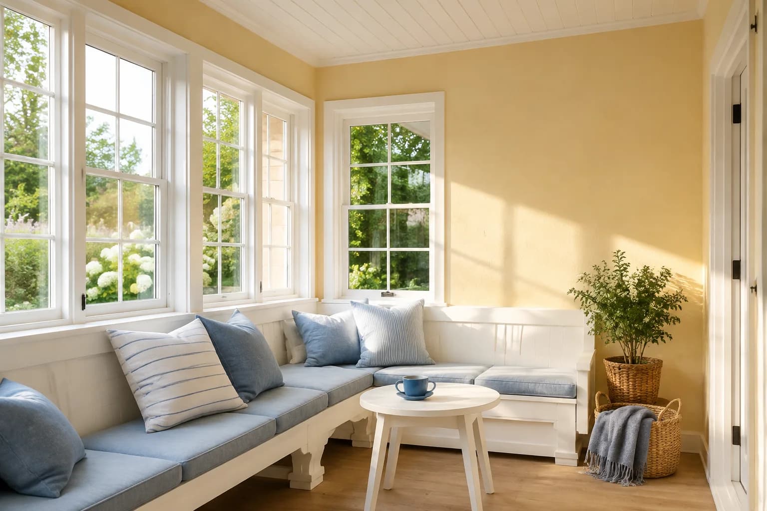 Straw yellow sunroom walls with white-painted seating, dusty blue cushions, and pale oak flooring