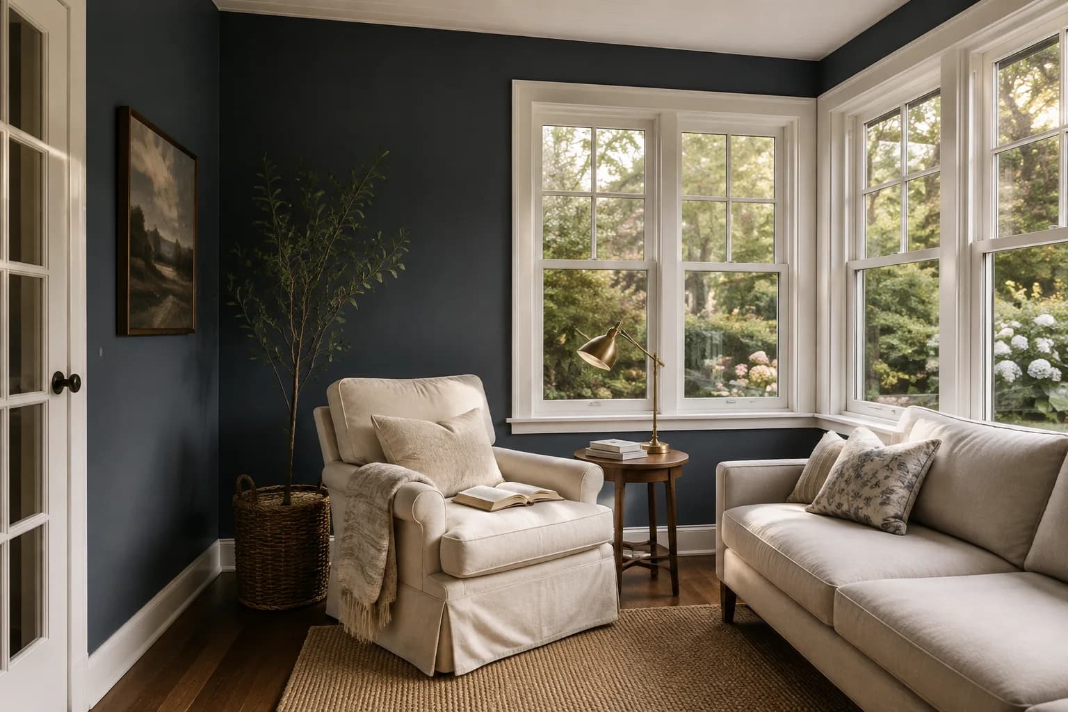 Deep navy sunroom walls with white window trim, cream seating, and a walnut reading table
