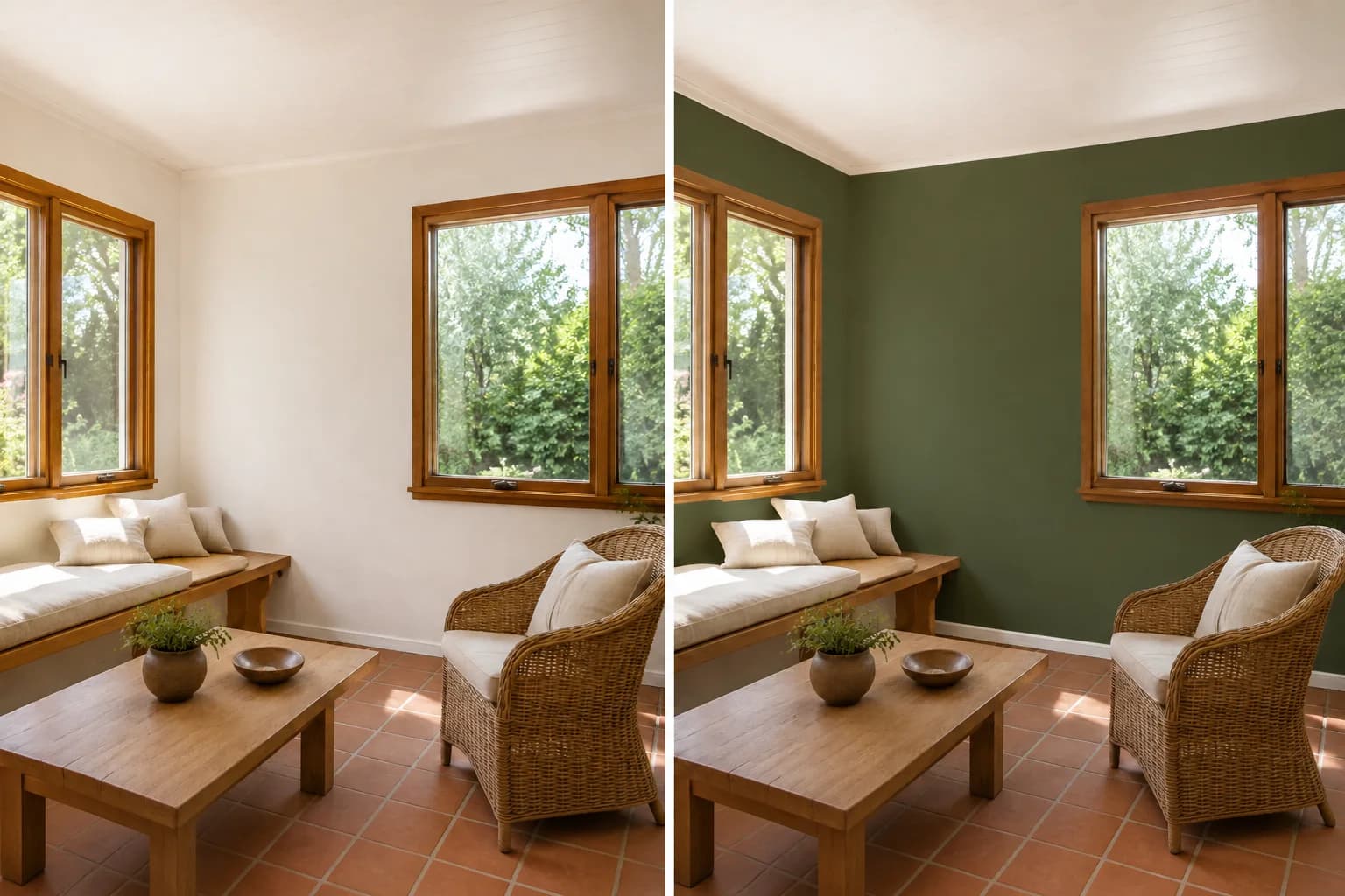 Side-by-side views of a sunroom with soft white walls on the left and deep green walls on the right, retaining wood trim, wicker seating, and terracotta flooring