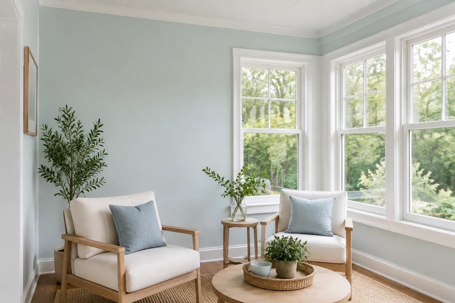Light blue-green sunroom with white window trim, pale wood furniture, and blue cushions