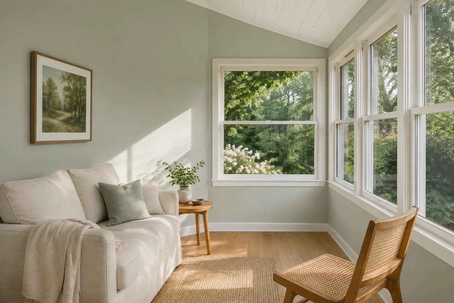 Pale gray-green sunroom with white window trim, oak flooring, a cream loveseat, and garden views