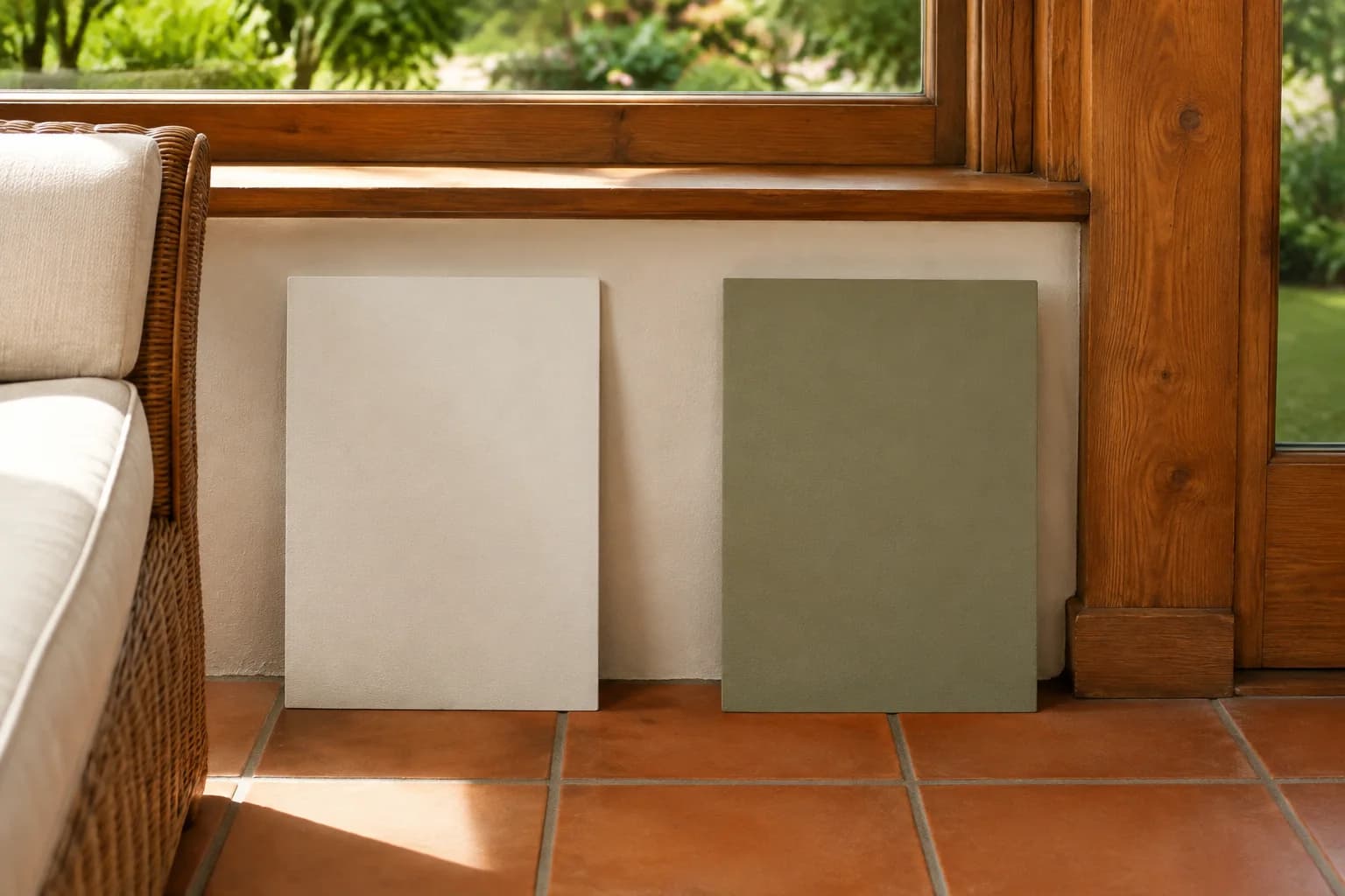 Large white and sage paint sample boards beside stained wood window casing, terracotta tiles, and a woven chair