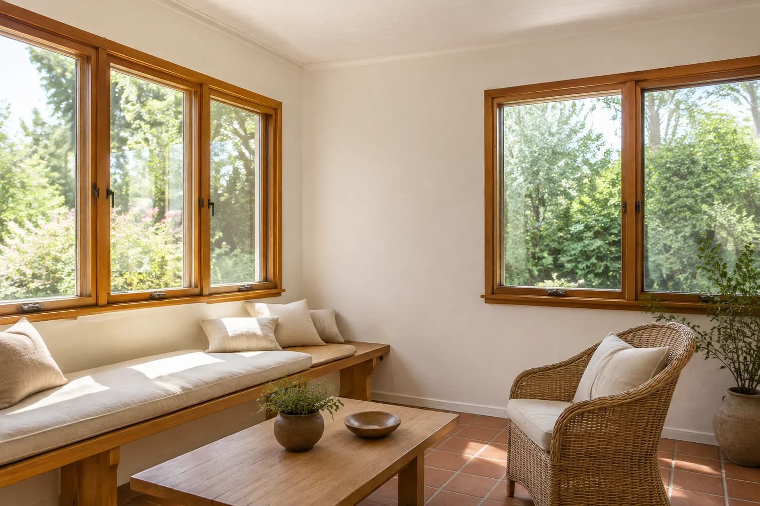 Soft white sunroom walls with honey-colored wood window trim, terracotta floor tiles, and linen seating