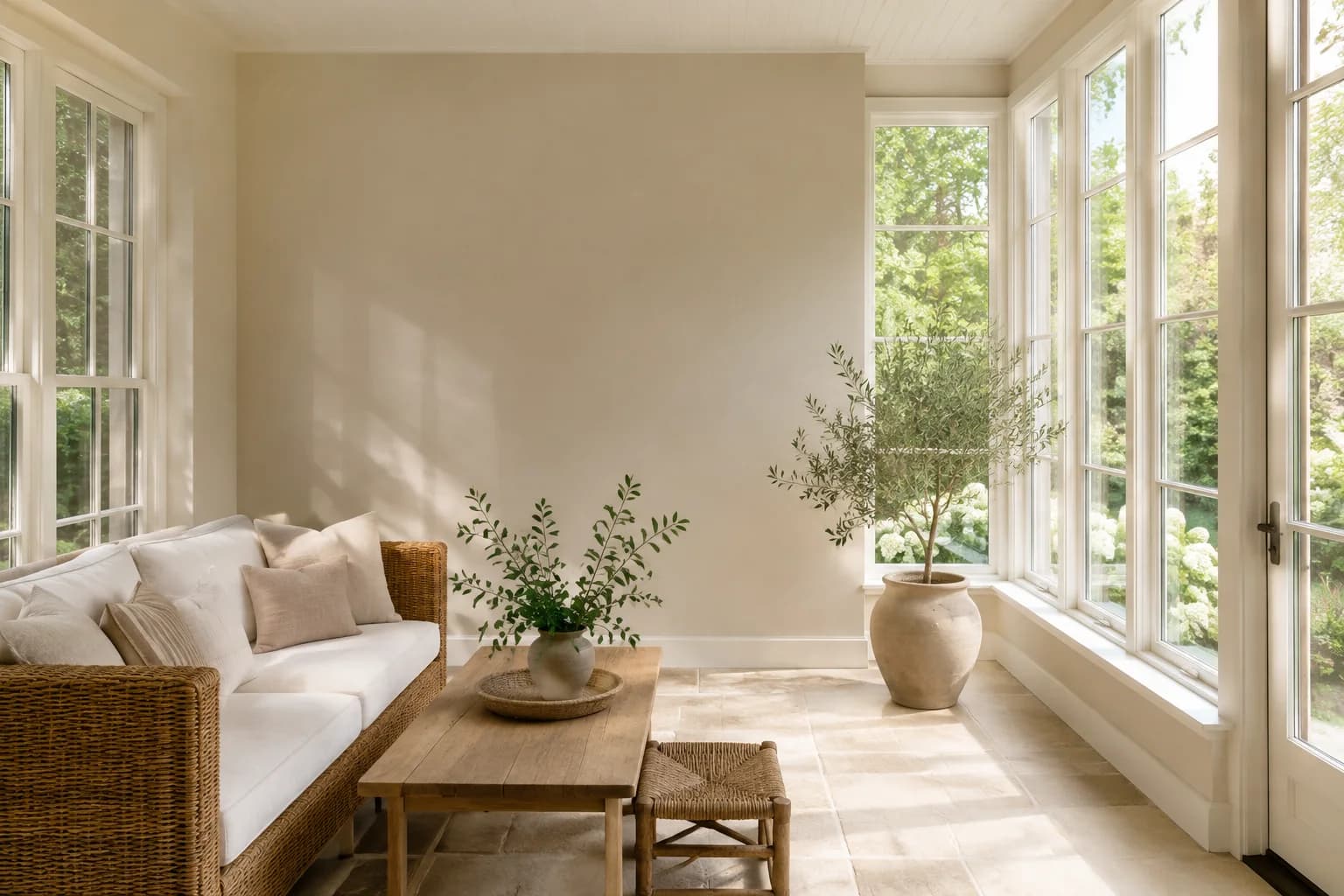 Muted beige sunroom with cream cushions, a woven rattan sofa, and beige tiled flooring