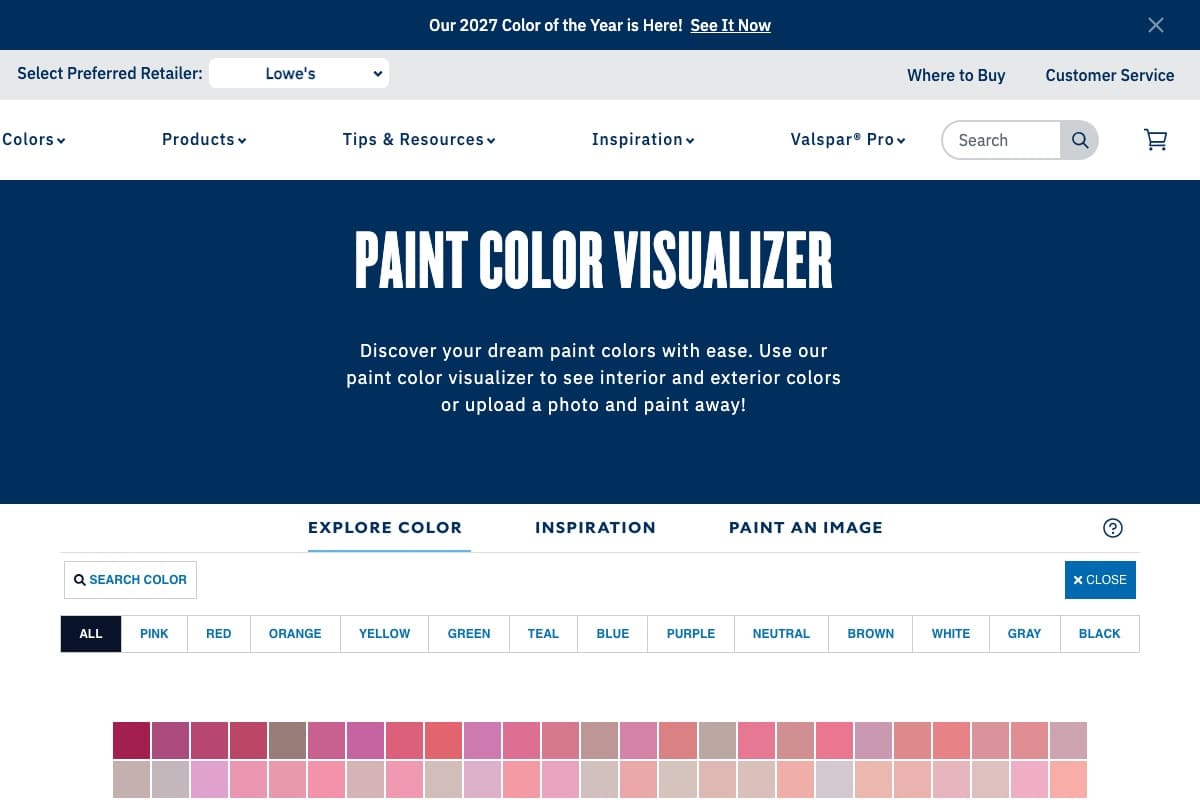 Valspar Paint Color Visualizer with color family filters and rows of pink and neutral swatches