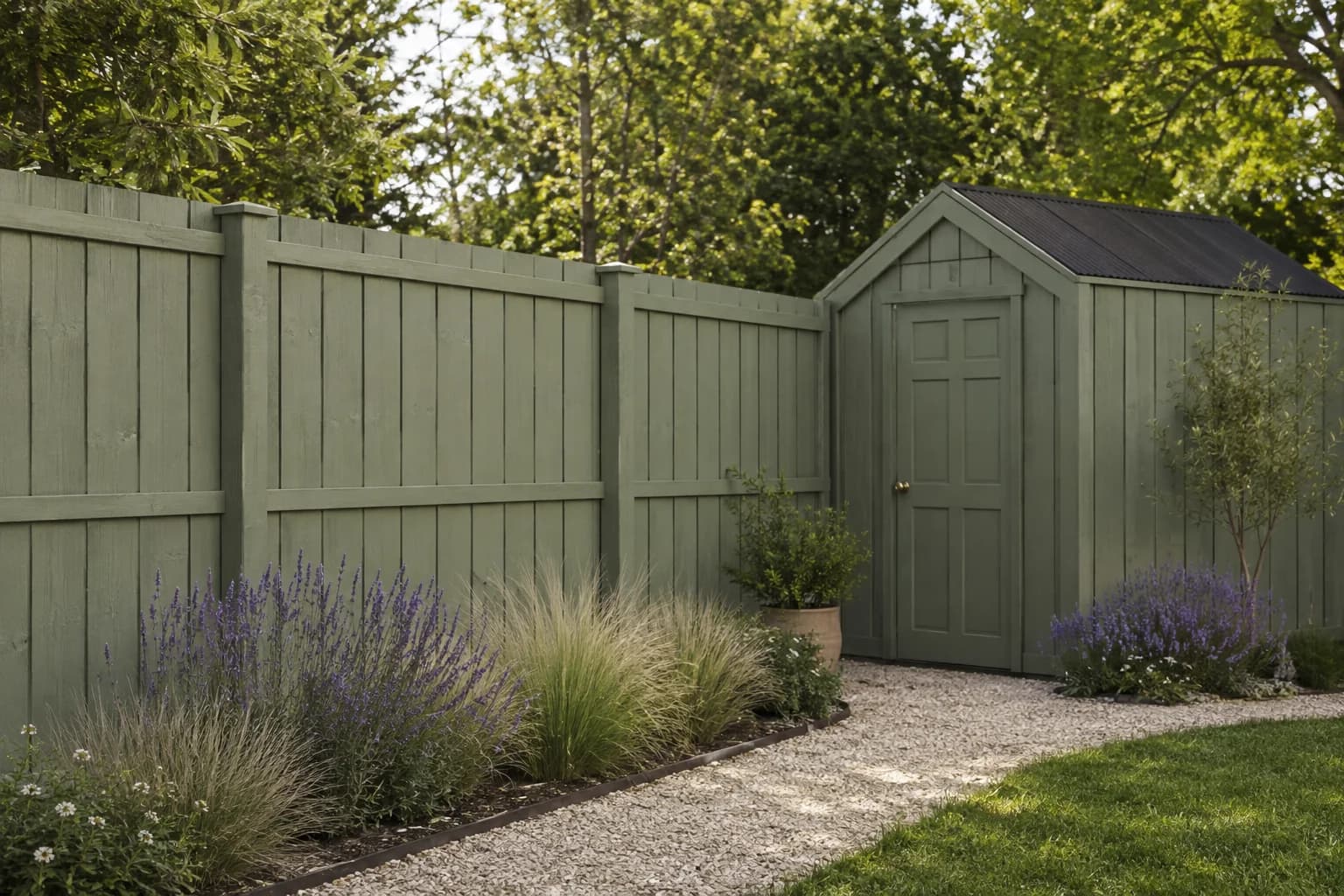Sage green timber fence and garden shed beside a gravel path and lavender