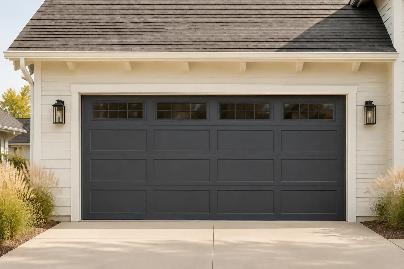 Charcoal paneled garage door with ivory siding and black wall lanterns