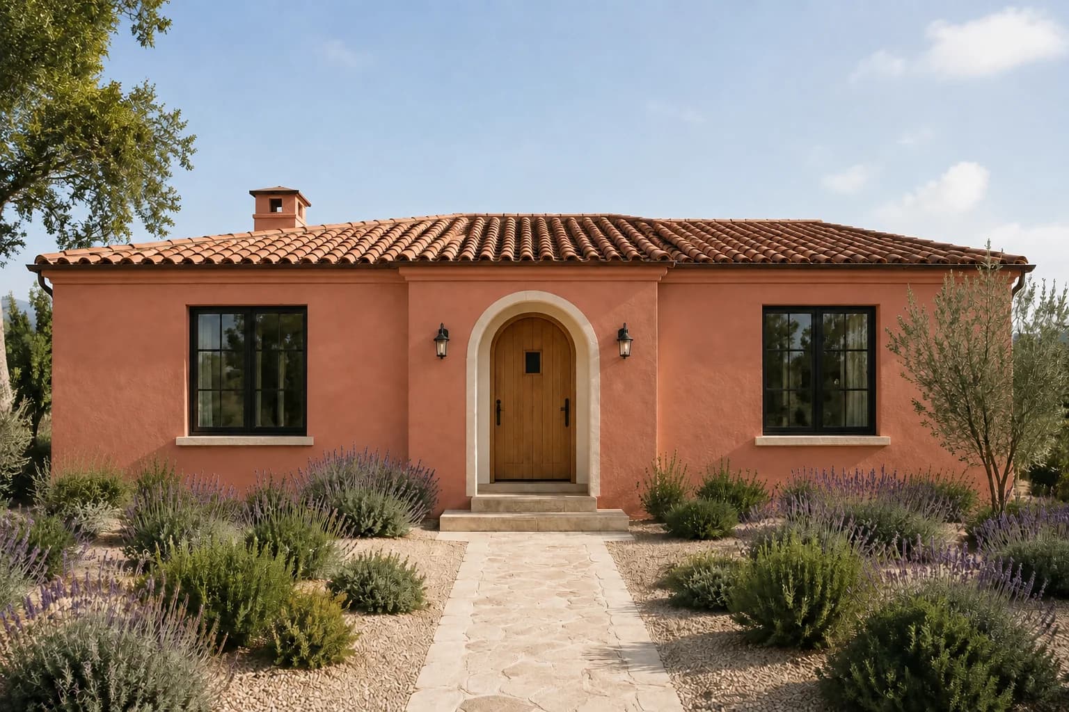 Earthy terracotta stucco bungalow with a tile roof and a natural wood front door