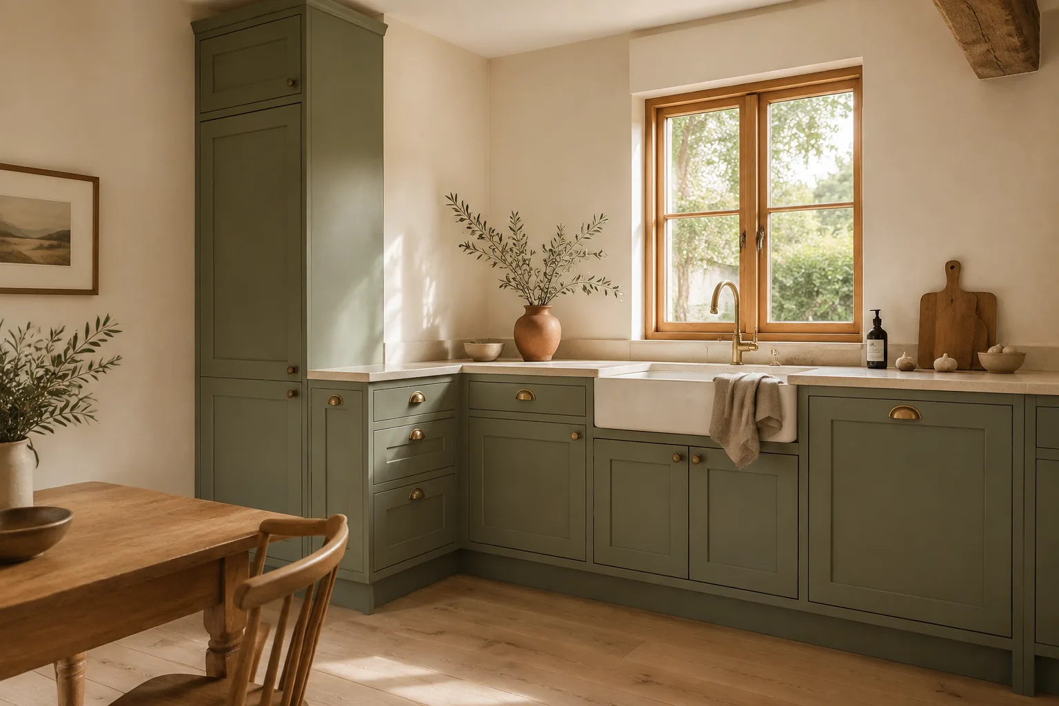 Sage green kitchen cabinets with ivory walls and natural oak details