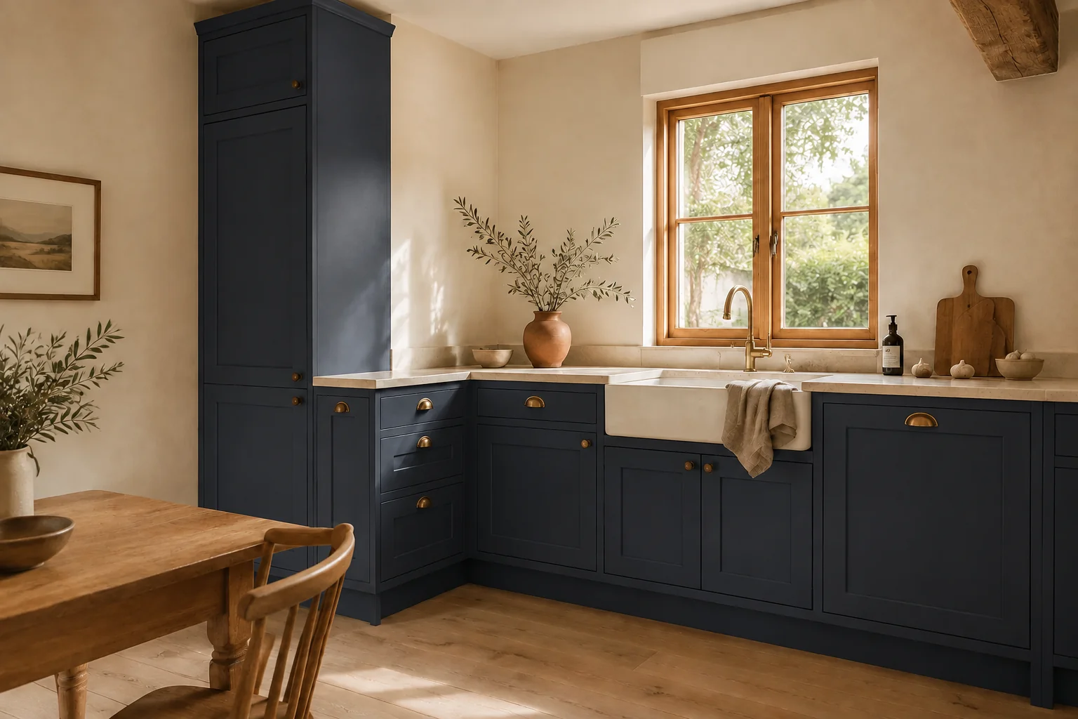 Navy kitchen cabinets with ivory walls and stone counters