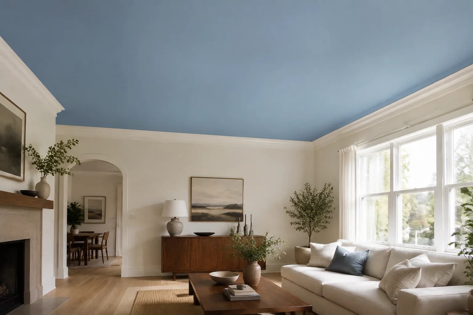 Wohnzimmer mit hellblauer Decke und cremefarbenen Wänden
