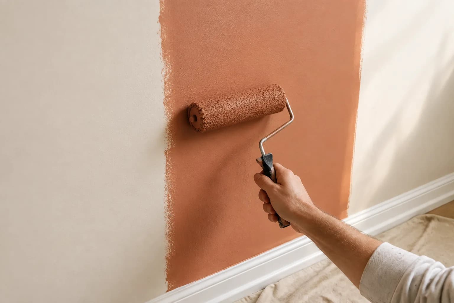 Ein Maler trägt mit einer Rolle warme Terrakottafarbe auf eine Innenwand auf