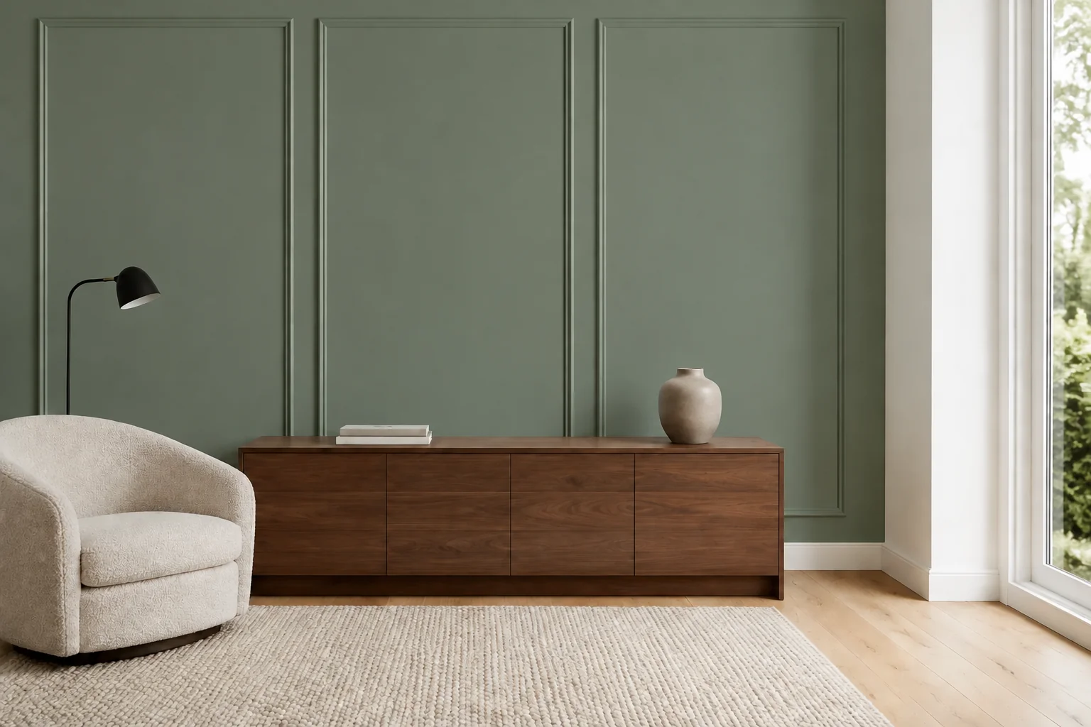 Olive paneled accent wall with ivory adjoining walls
