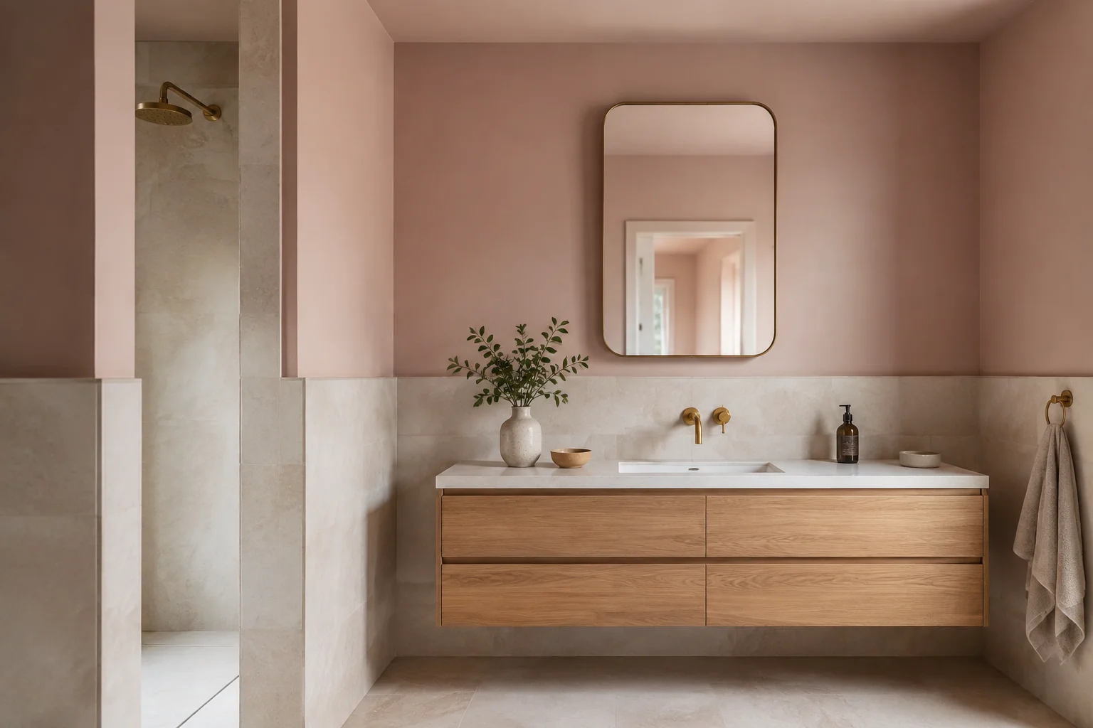 Pink bathroom with an oak vanity and ivory stone tile