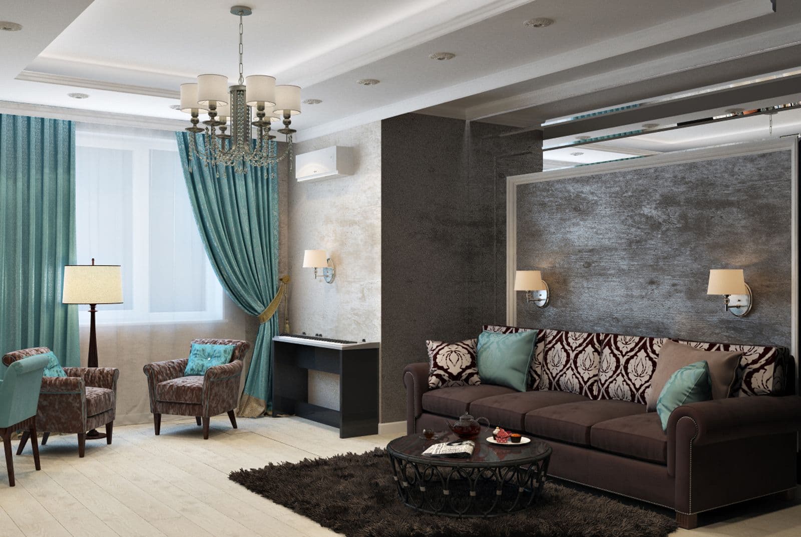 Living room with deep charcoal walls and teal curtains