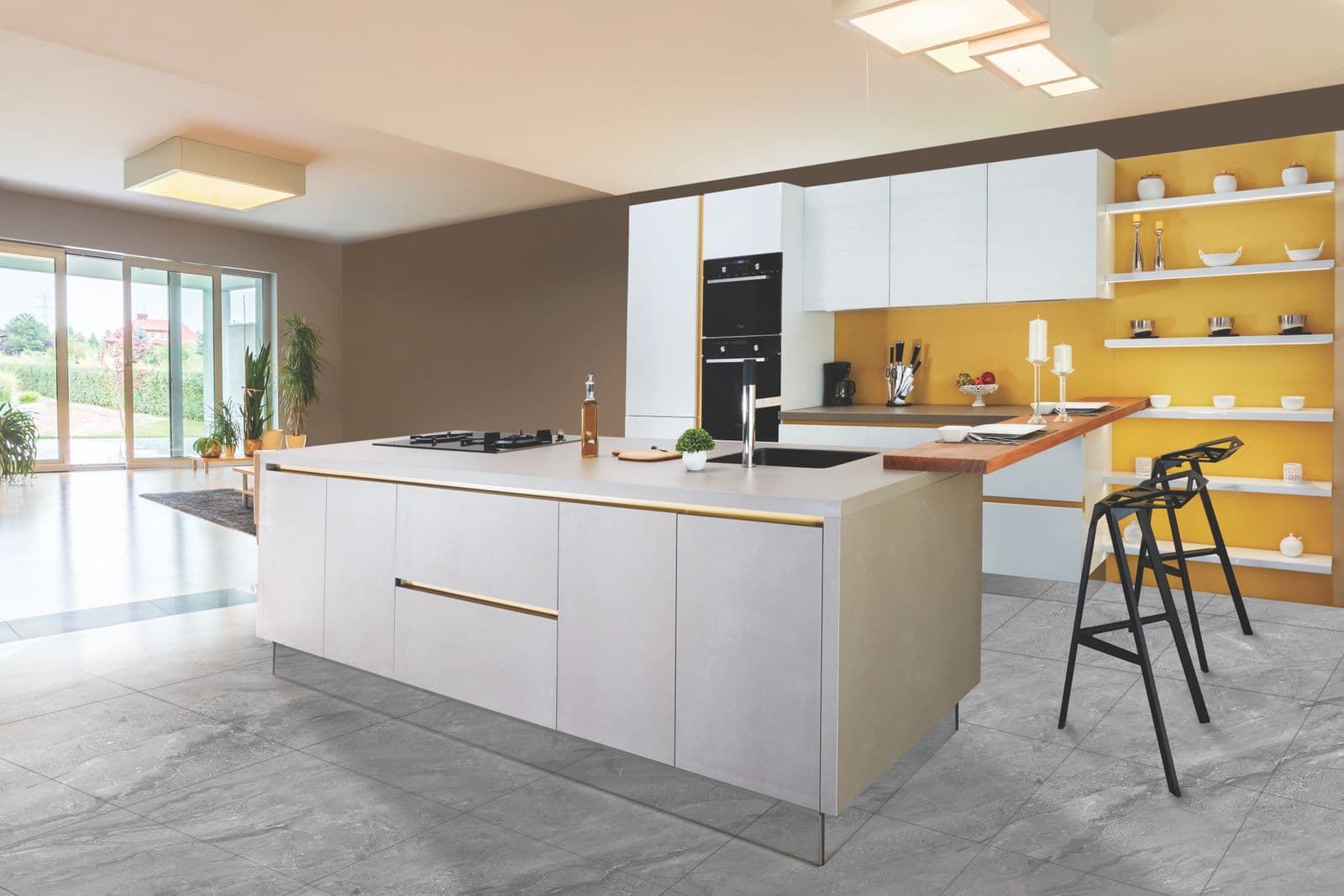 Kitchen with a bold yellow accent wall and white cabinets