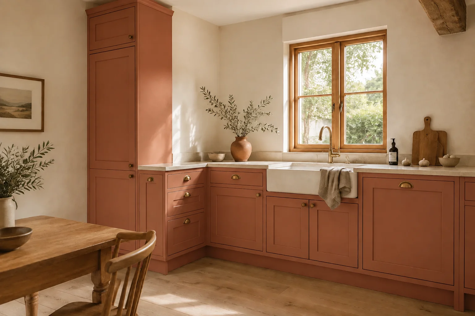 Terracotta cabinets with brass hardware and a wood window frame