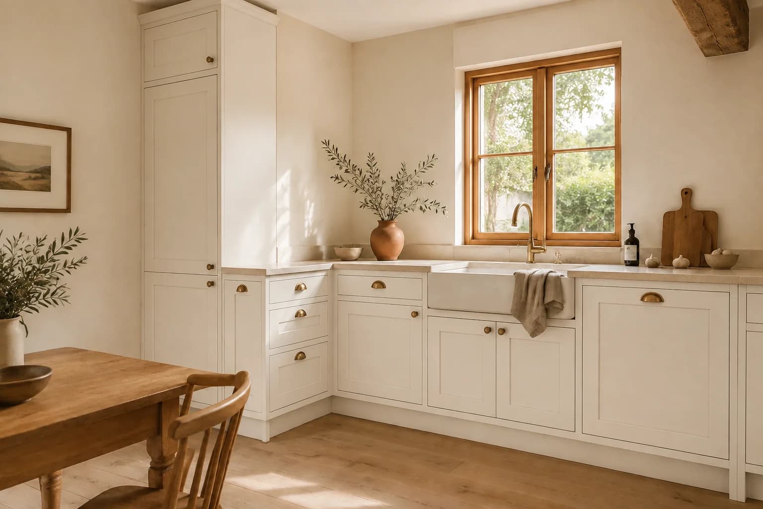Ivory kitchen cabinets with brass hardware and stone counters