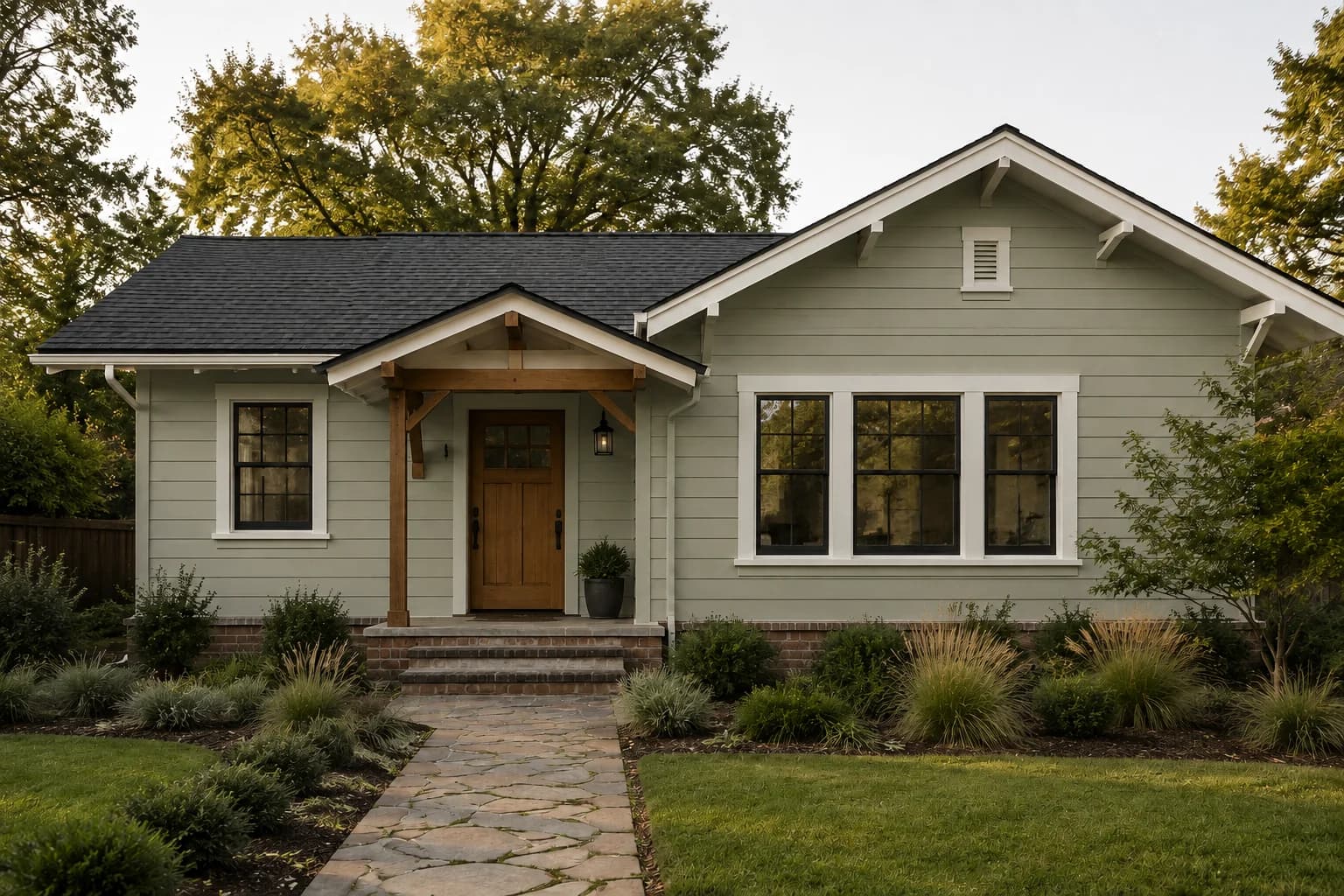 Craftsman bungalow with sage horizontal siding and a brick foundation