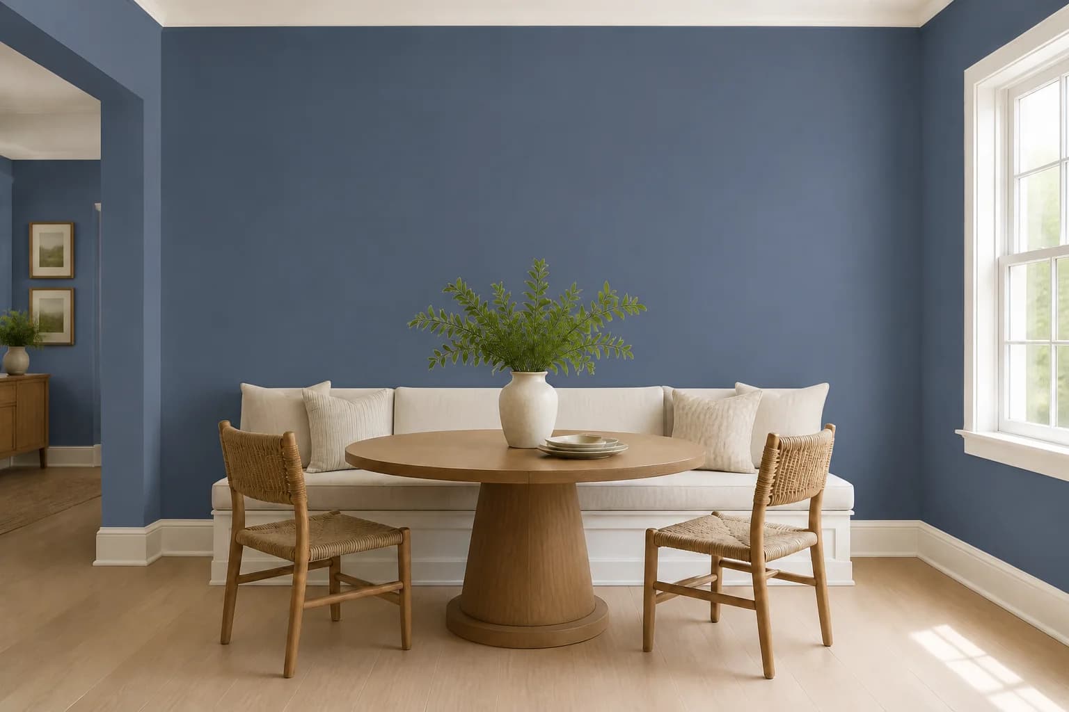 Breakfast nook repainted in Blueprint by Behr