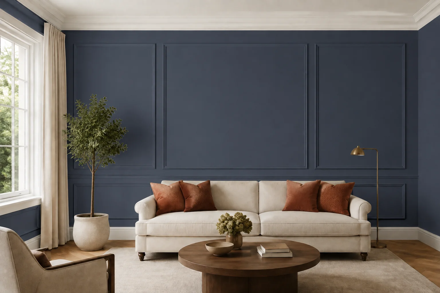 Traditional paneled sitting room with navy painted walls