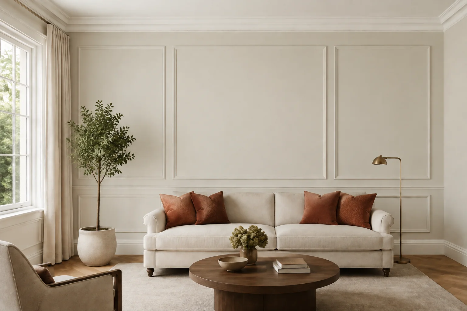 Klassisches Wohnzimmer mit einem neuen Anstrich in Revere Pewter von Benjamin Moore