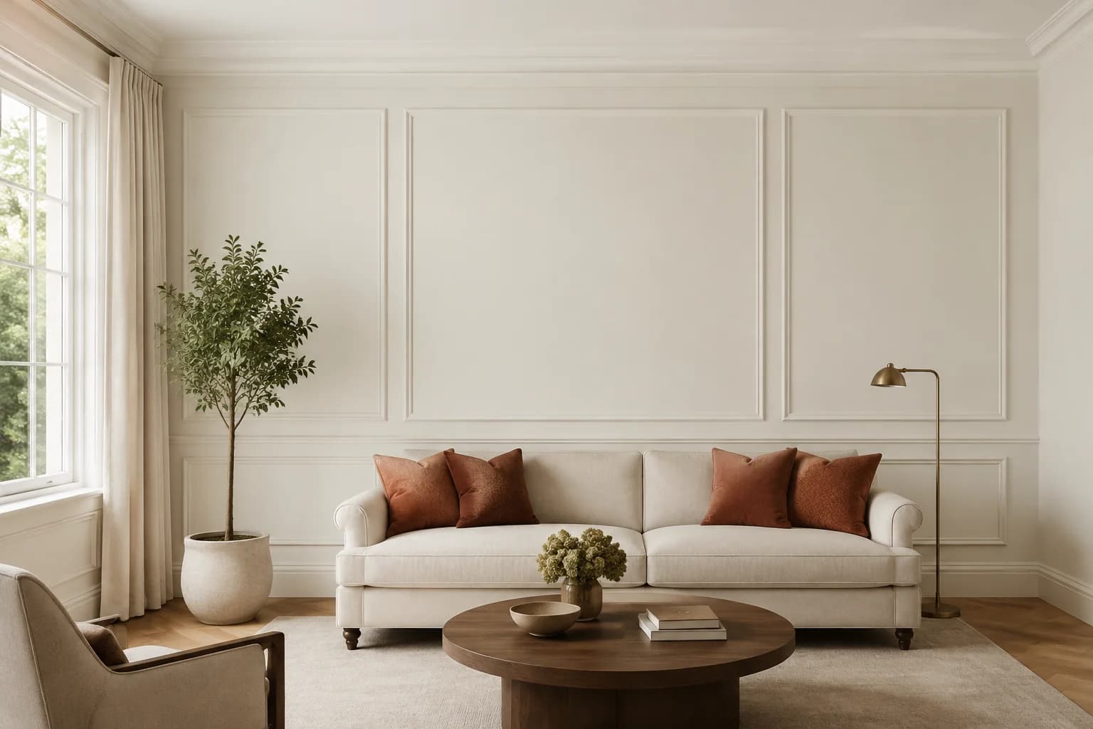 Traditional sitting room repainted in White Dove by Benjamin Moore
