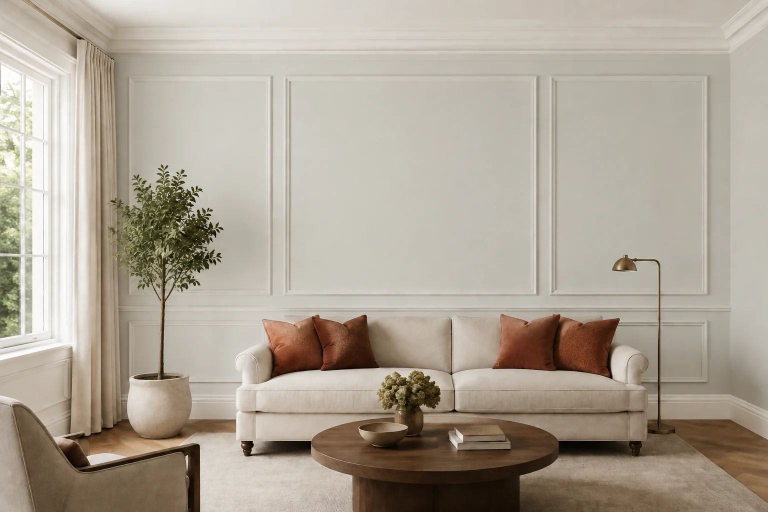 Klassisches Wohnzimmer mit einem neuen Anstrich in Gray Owl von Benjamin Moore