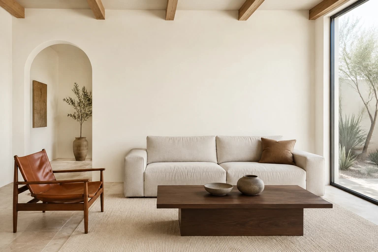 Southwestern living room repainted in Swiss Coffee by Dunn-Edwards