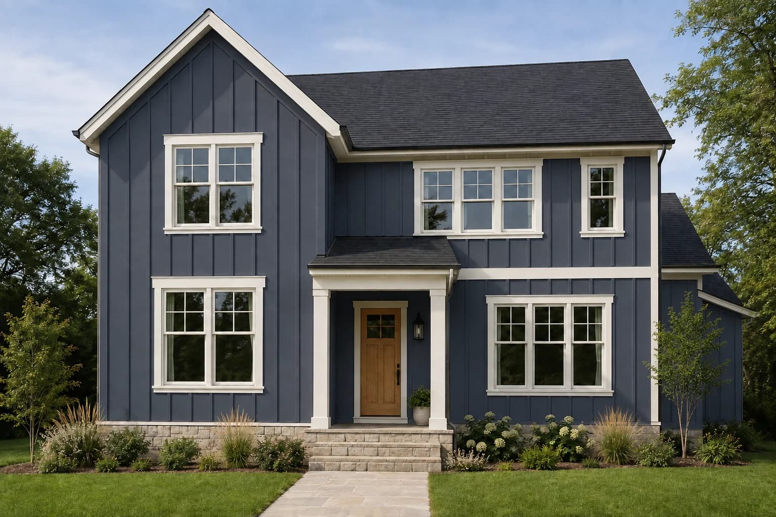 Navy board-and-batten farmhouse with white trim