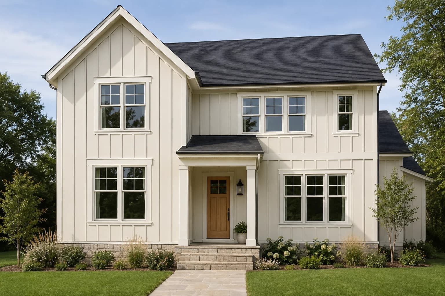 Exterior de una casa con pintura Alabaster de Sherwin-Williams