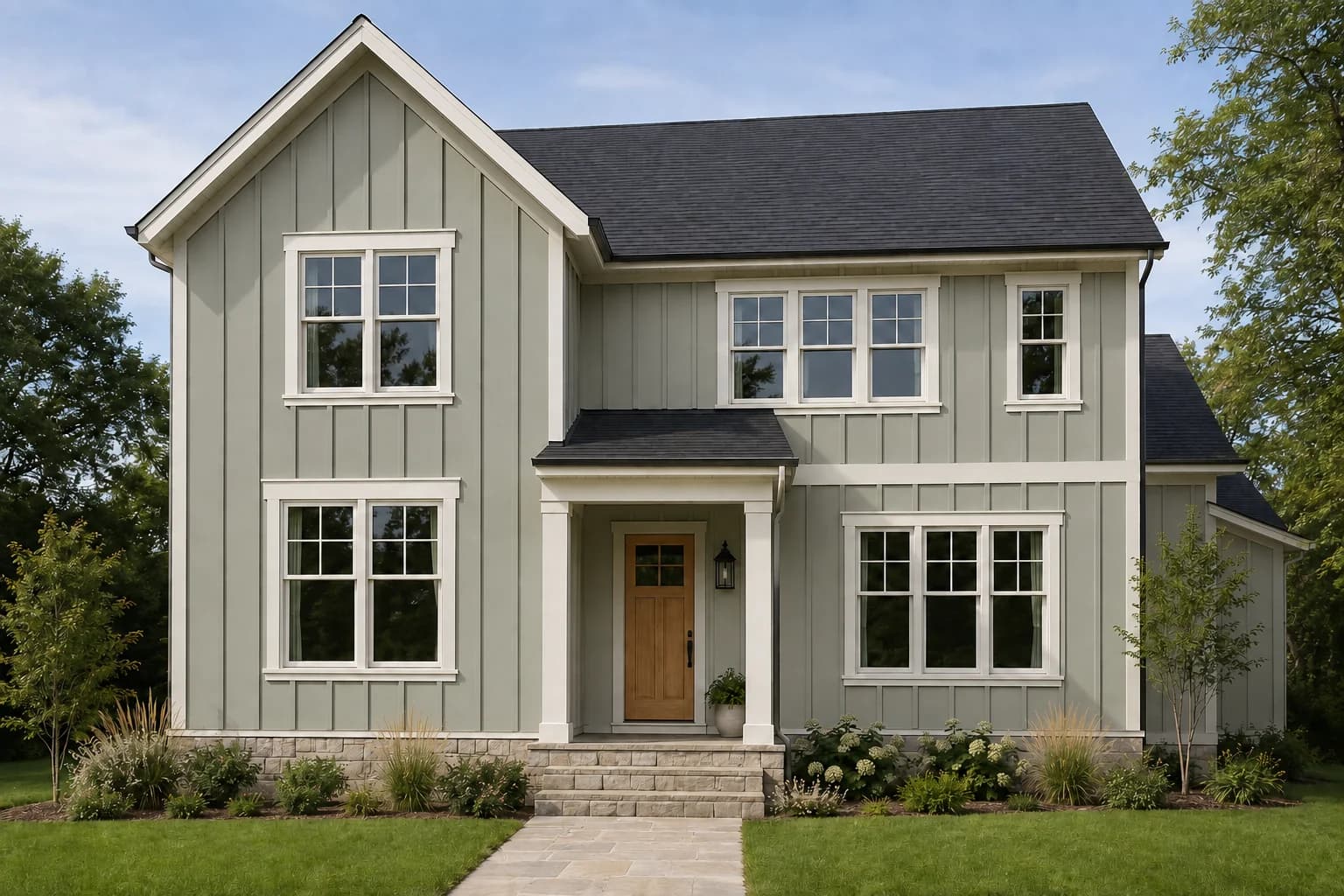 Farmhouse with sage green board-and-batten siding and white window trim