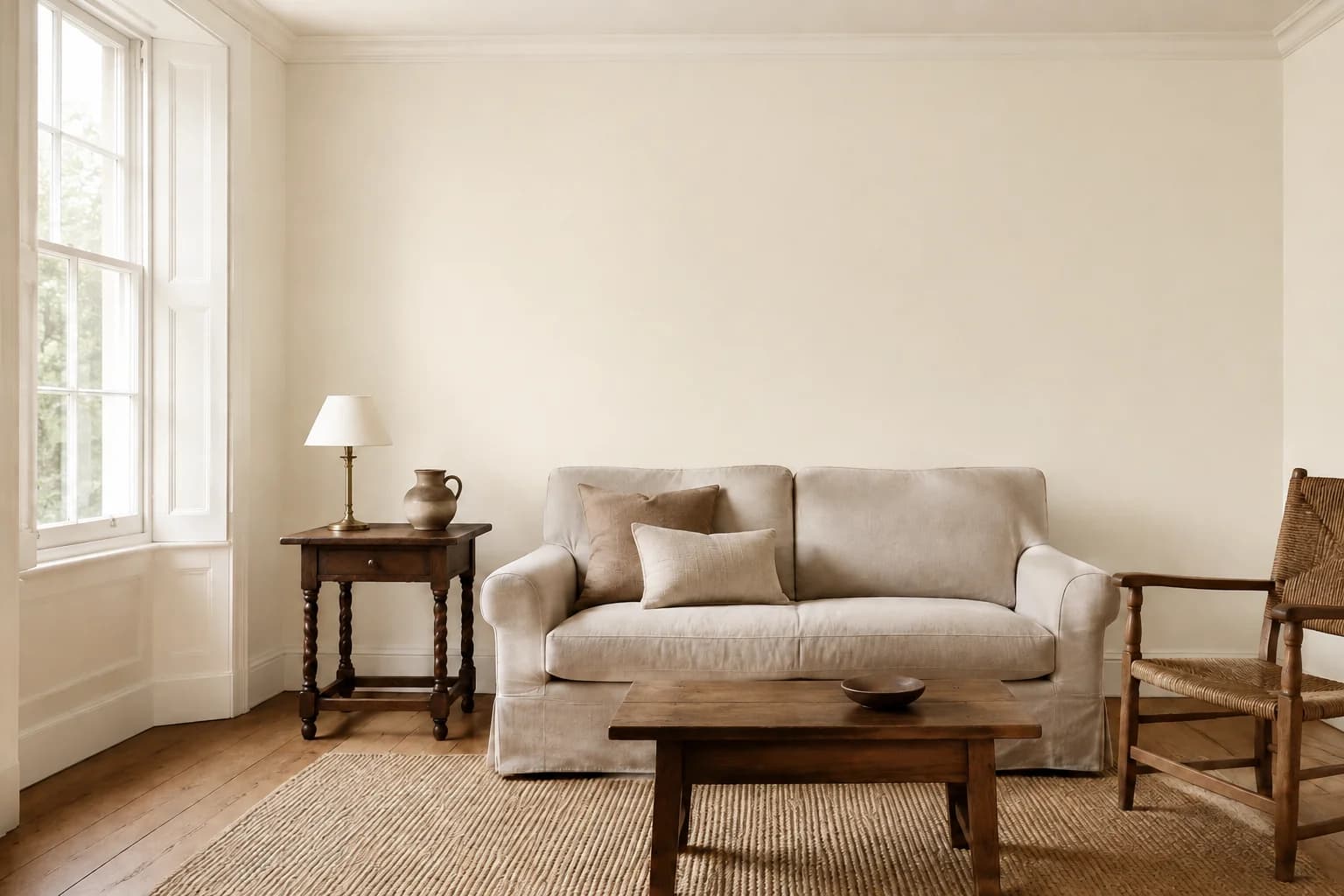 Wohnzimmer im Landhausstil mit einem neuen Anstrich in School House White von Farrow & Ball