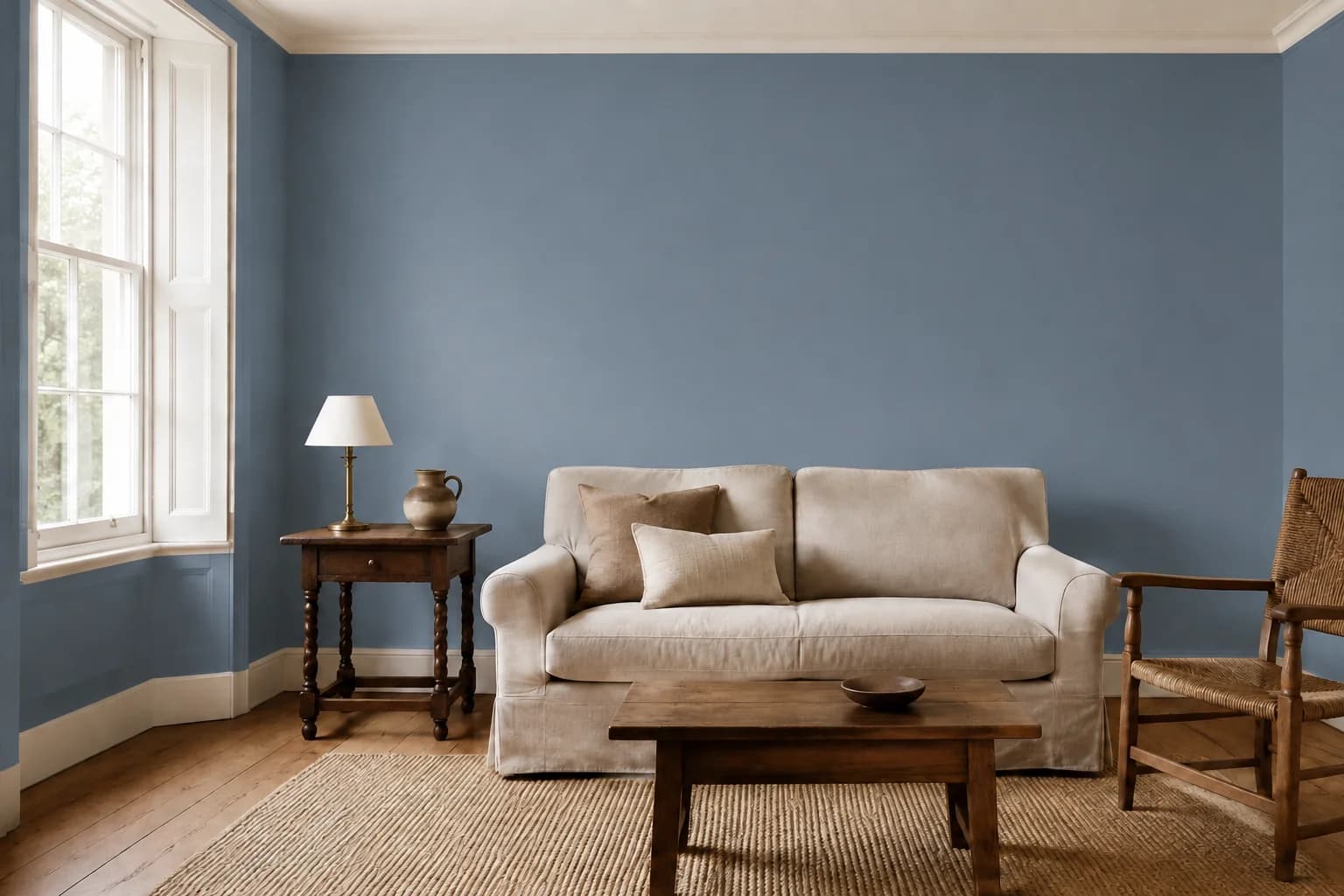 Country sitting room repainted in De Nimes by Farrow & Ball