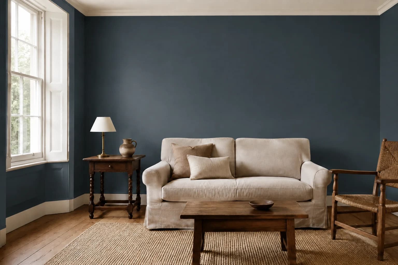 Wohnzimmer im Landhausstil mit einem neuen Anstrich in Hague Blue von Farrow & Ball