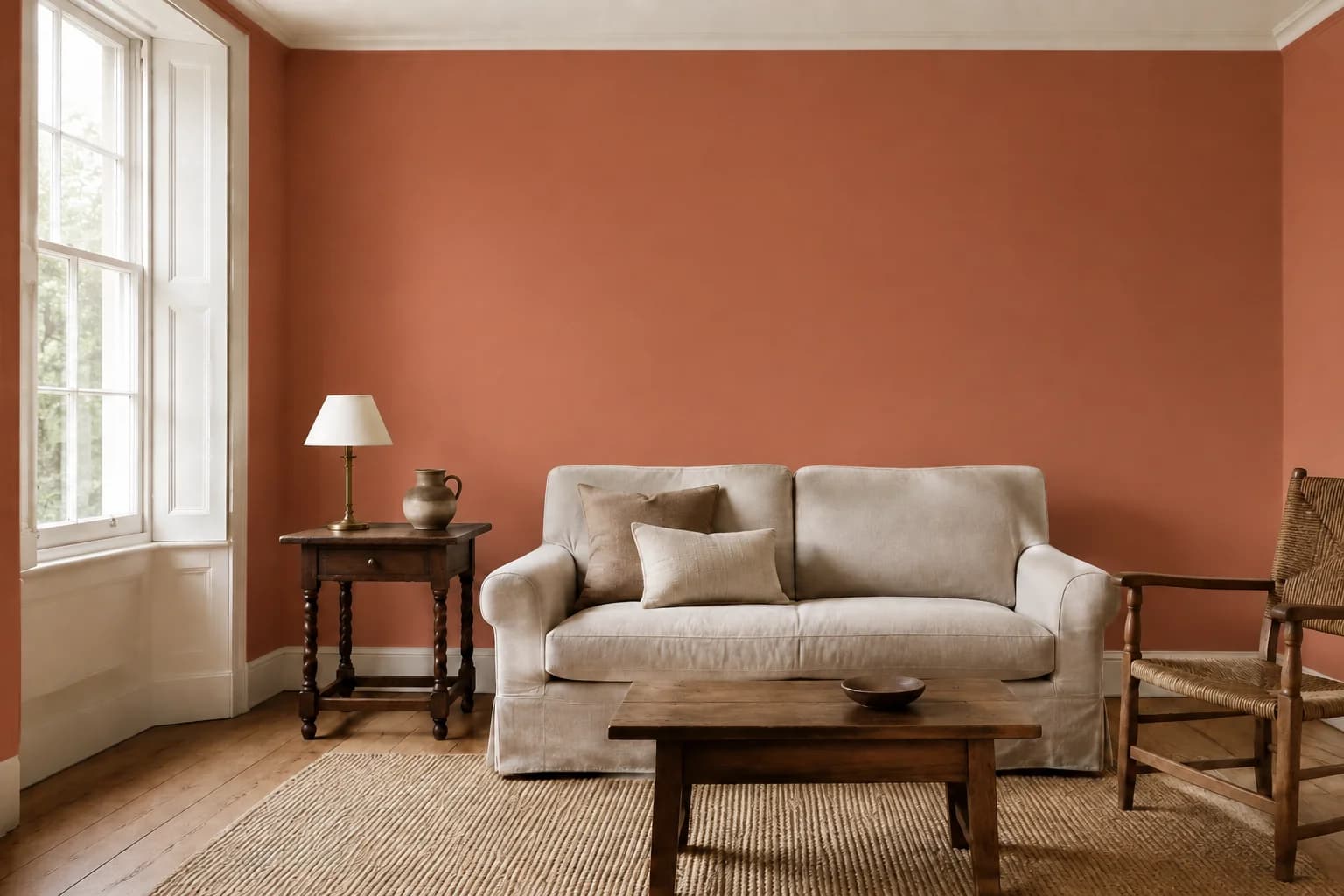 Wohnzimmer im Landhausstil mit einem neuen Anstrich in Red Earth von Farrow & Ball