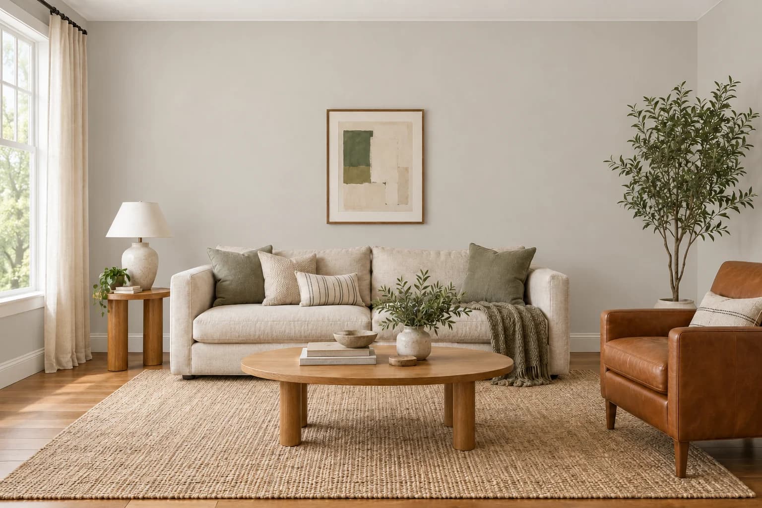 Living room repainted in Fossil Grey by Glidden