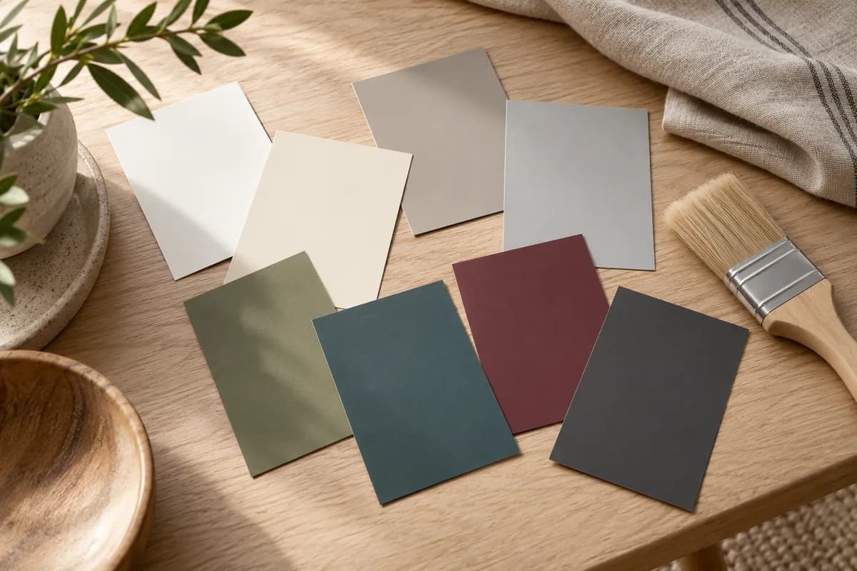 Neutral, green, teal, red, and charcoal paint samples on an oak table