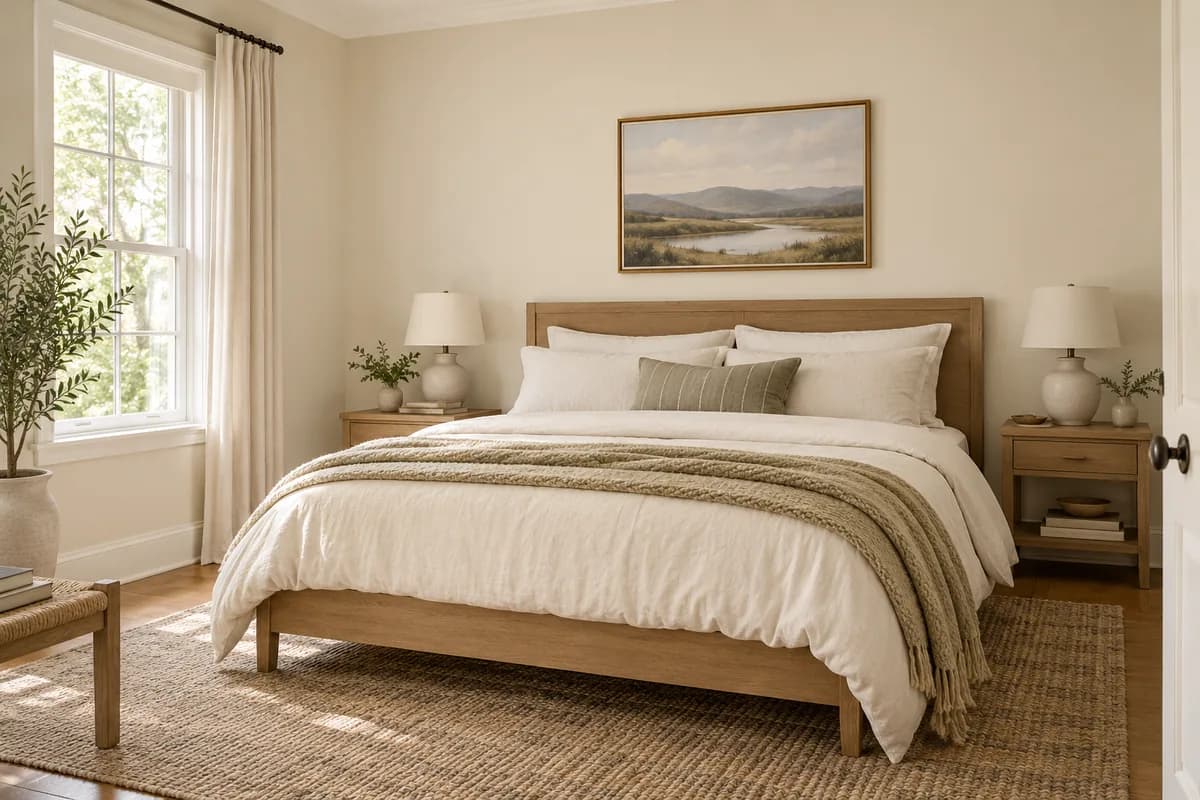 Warm cream bedroom with an oak bed and ivory linen bedding