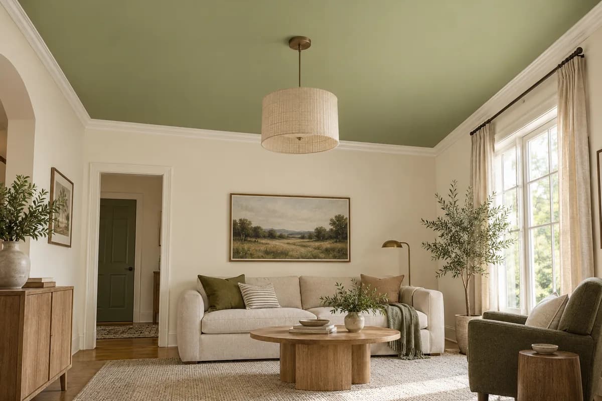 Soft green ceiling above an ivory living room with oak furniture